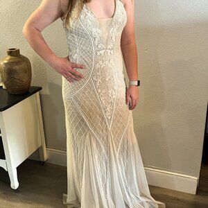 Lulus This I Promise You White Nude Beaded Sequin Maxi Dress Med 262322